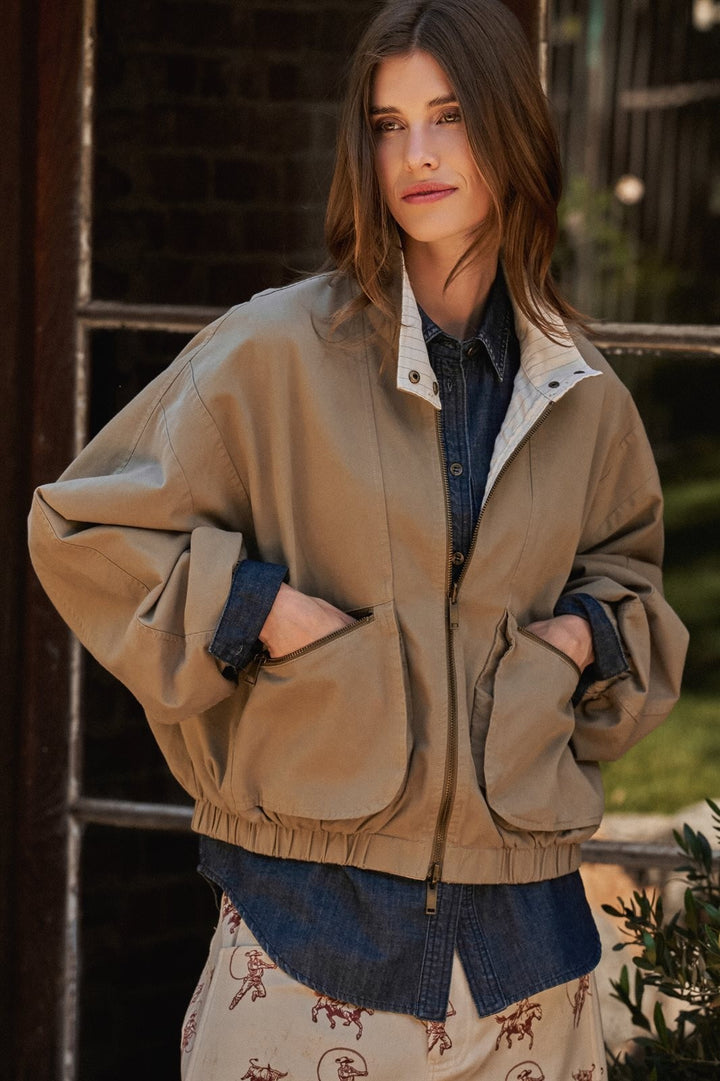 Cotton Twill Harrington Jacket With Striped Lining in Khaki - Women's Wholesale Jackets & Blazers | Trend Notes