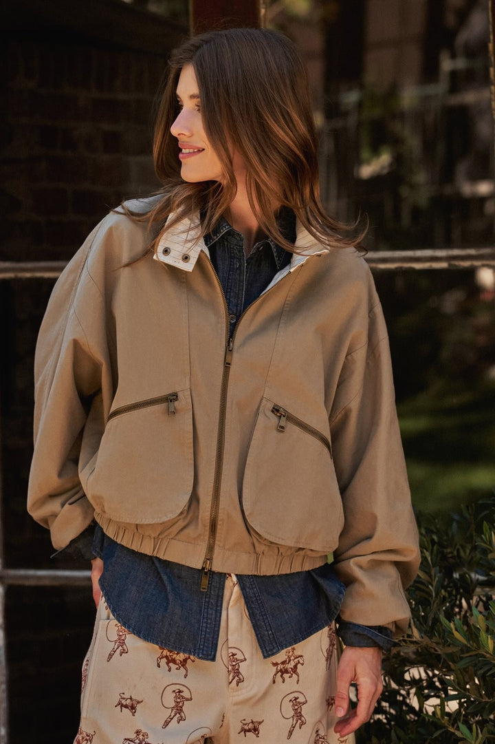 Cotton Twill Harrington Jacket With Striped Lining in Khaki - Women's Wholesale Jackets & Blazers | Trend Notes