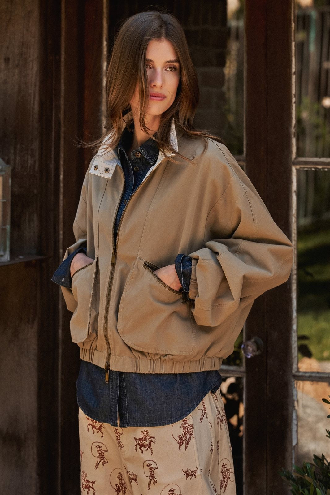 Cotton Twill Harrington Jacket With Striped Lining in Khaki - Women's Wholesale Jackets & Blazers | Trend Notes