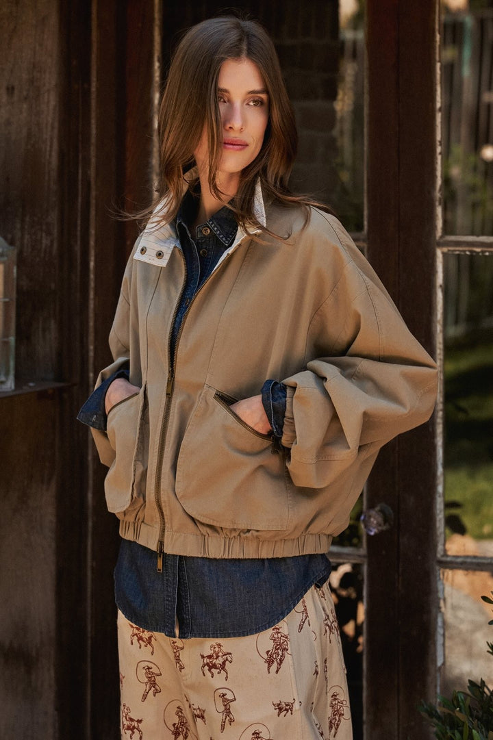 Cotton Twill Harrington Jacket With Striped Lining in Khaki - Women's Wholesale Jackets & Blazers | Trend Notes