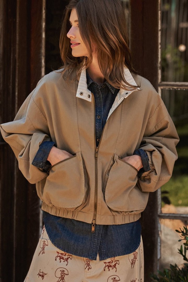Cotton Twill Harrington Jacket With Striped Lining in Khaki - Women's Wholesale Jackets & Blazers | Trend Notes