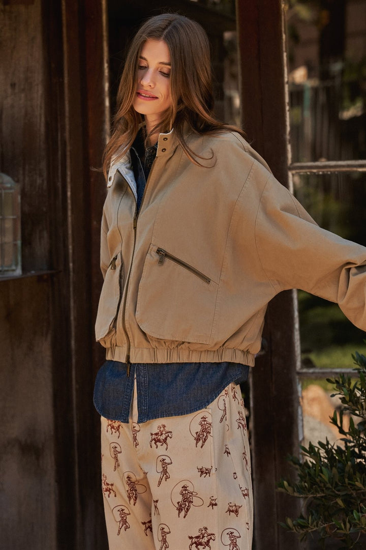 Cotton Twill Harrington Jacket With Striped Lining in Khaki - Women's Wholesale Jackets & Blazers | Trend Notes