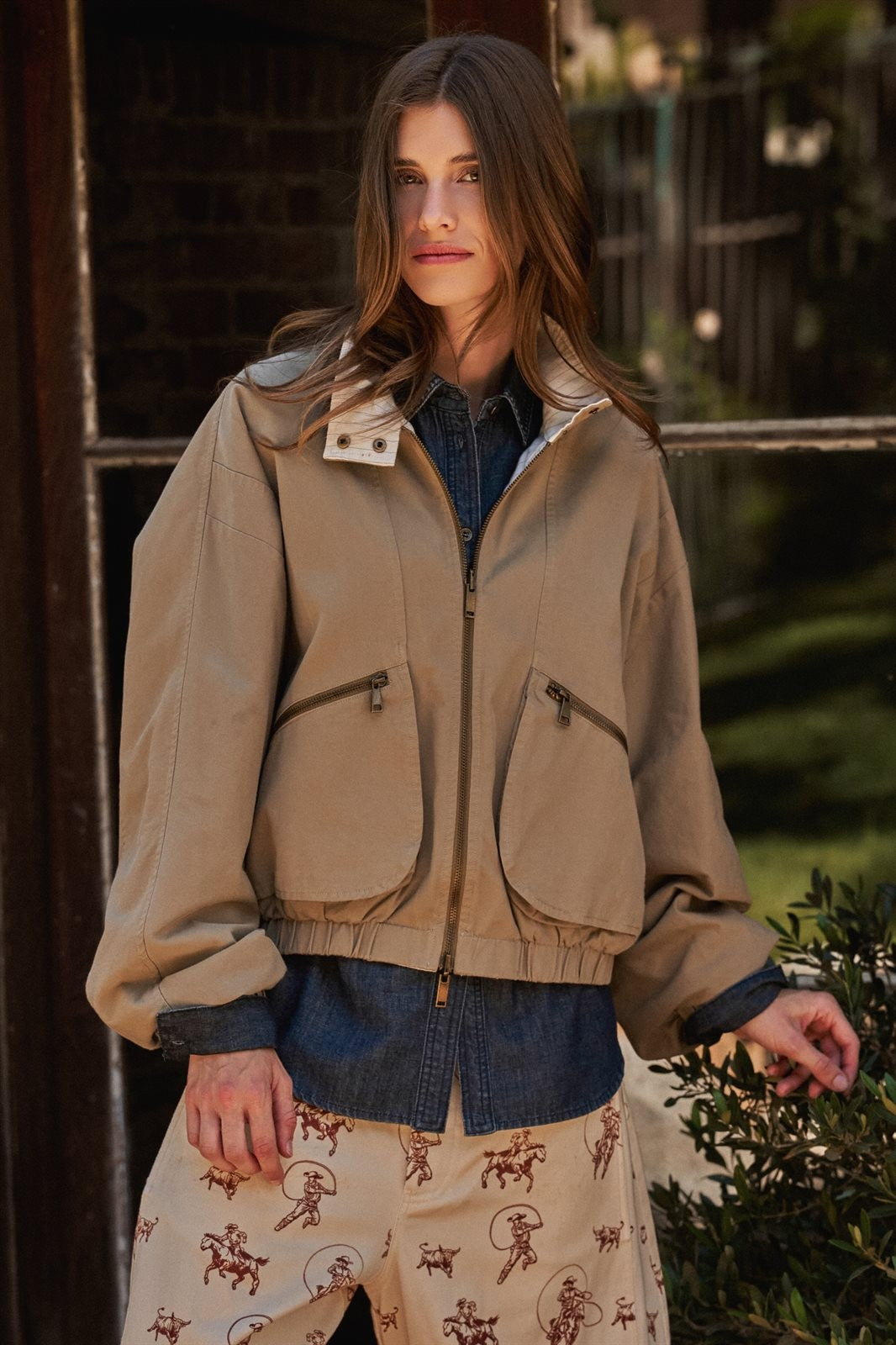 Cotton Twill Harrington Jacket With Striped Lining in Khaki - Women's Wholesale Jackets & Blazers | Trend Notes