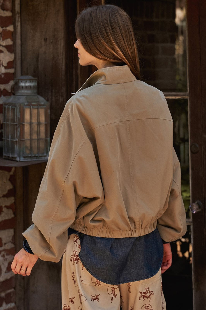 Cotton Twill Harrington Jacket With Striped Lining in Khaki - Women's Wholesale Jackets & Blazers | Trend Notes