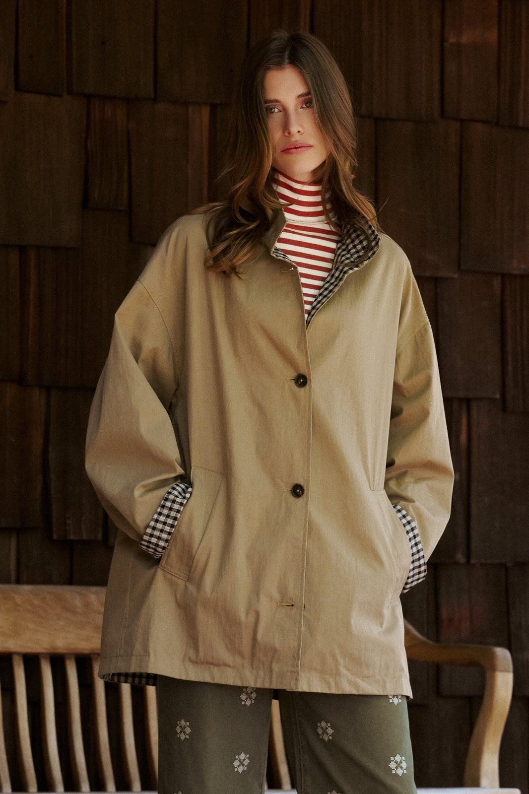 Gingham Lined Oversized Cotton Car Coat in Camel - Women's Wholesale Jackets & Blazers | Trend Notes