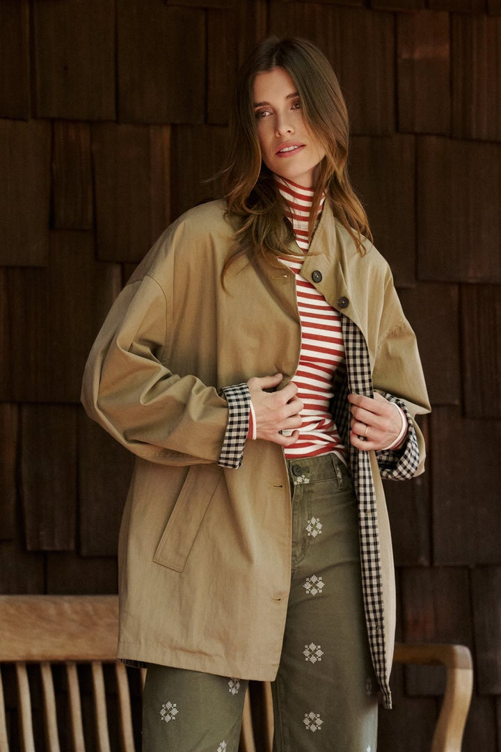 Gingham Lined Oversized Cotton Car Coat in Camel - Women's Wholesale Jackets & Blazers | Trend Notes
