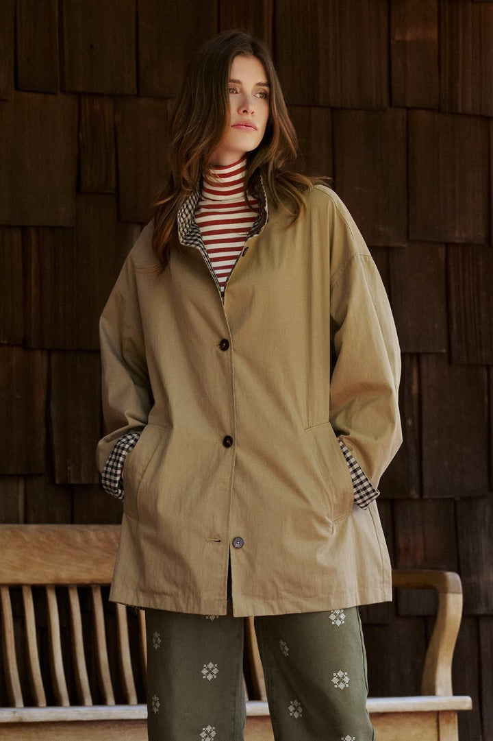 Gingham Lined Oversized Cotton Car Coat in Camel - Women's Wholesale Jackets & Blazers | Trend Notes