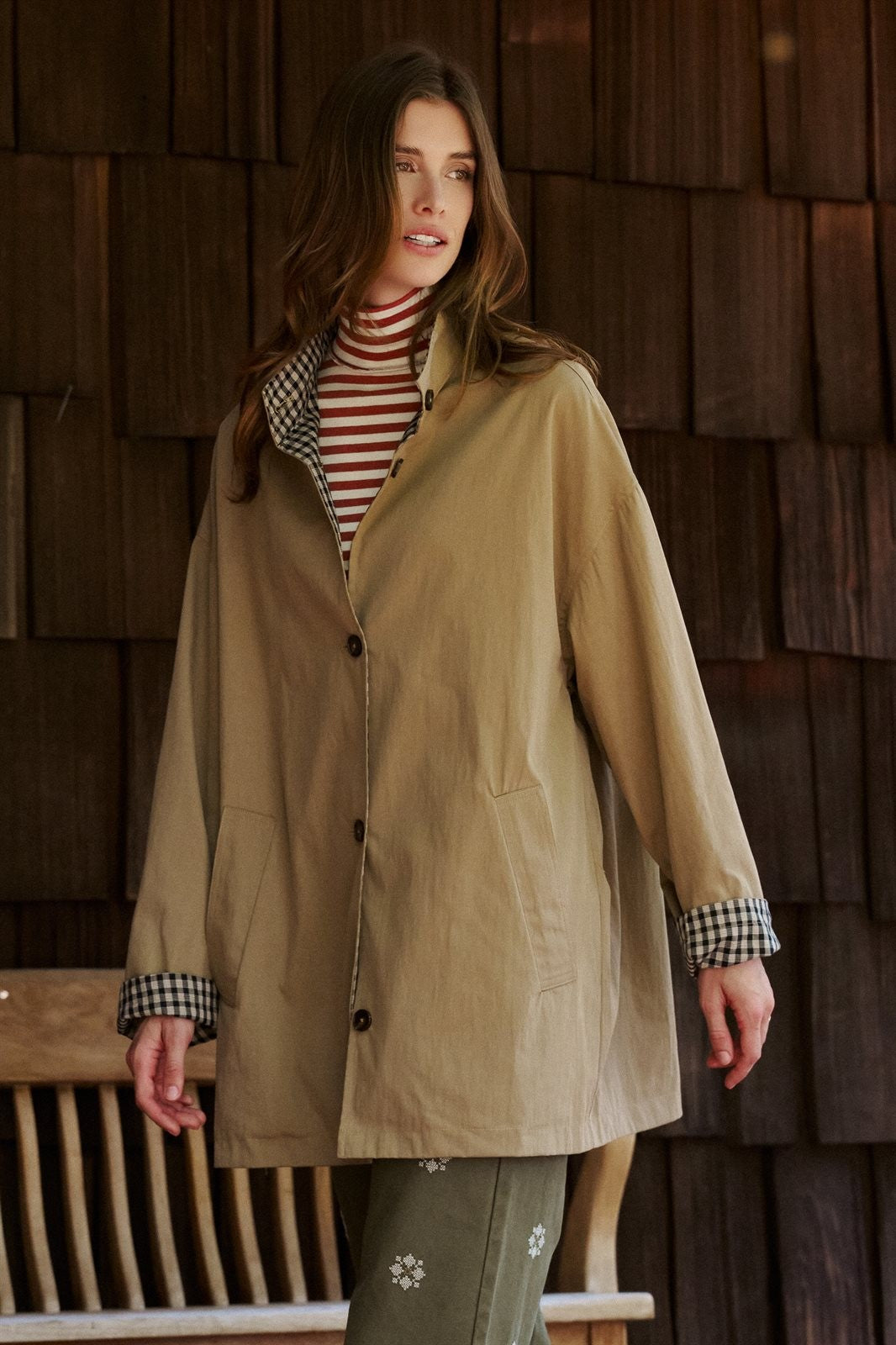 Gingham Lined Oversized Cotton Car Coat in Camel - Women's Wholesale Jackets & Blazers | Trend Notes