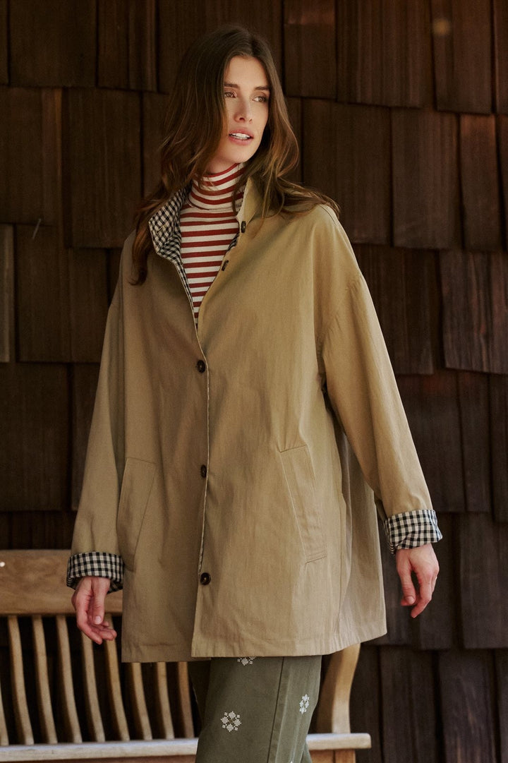 Gingham Lined Oversized Cotton Car Coat in Camel - Women's Wholesale Jackets & Blazers | Trend Notes