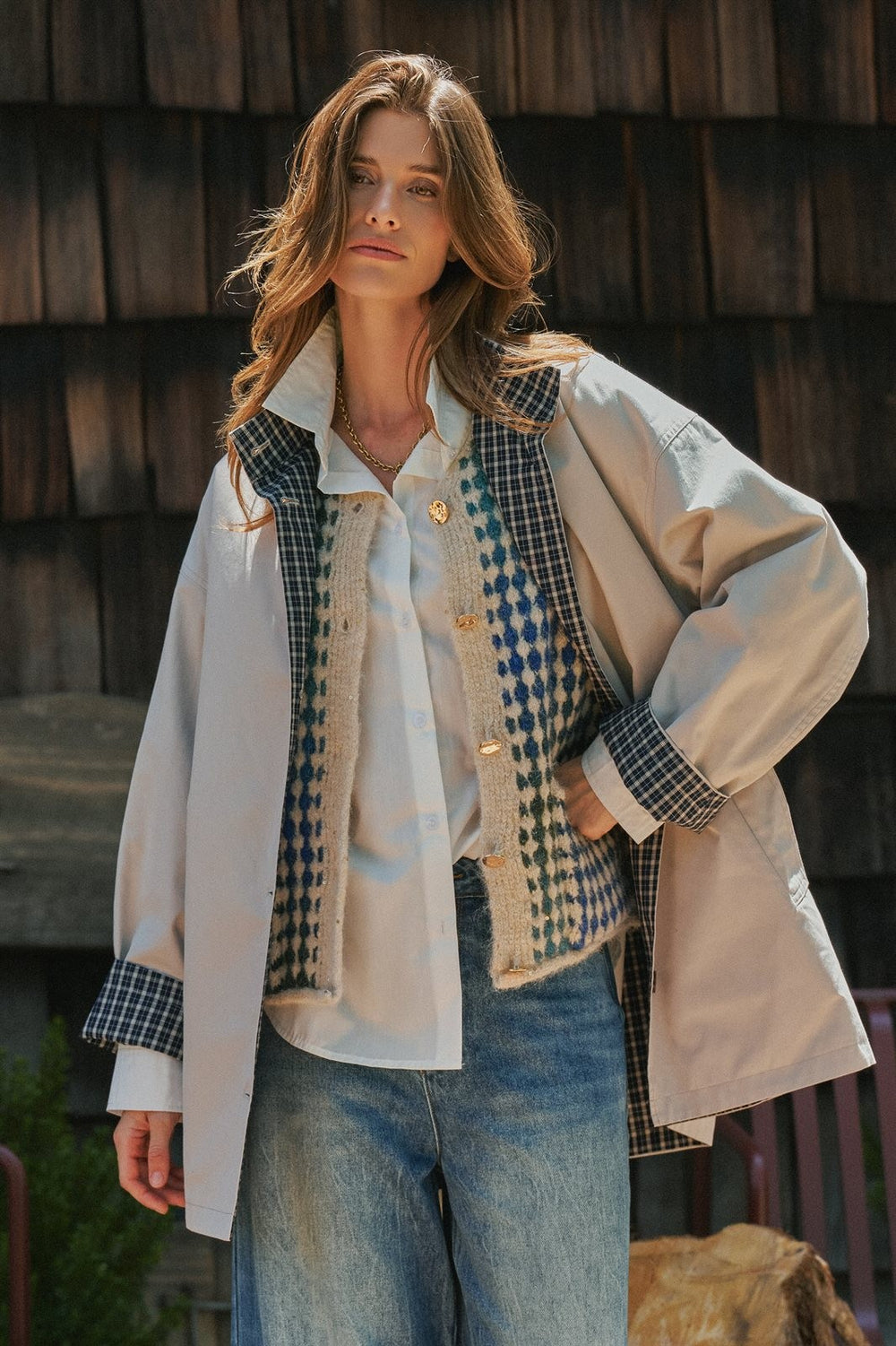 Gingham Lined Oversized Cotton Car Coat in Grey - Women's Wholesale Jackets & Blazers | Trend Notes