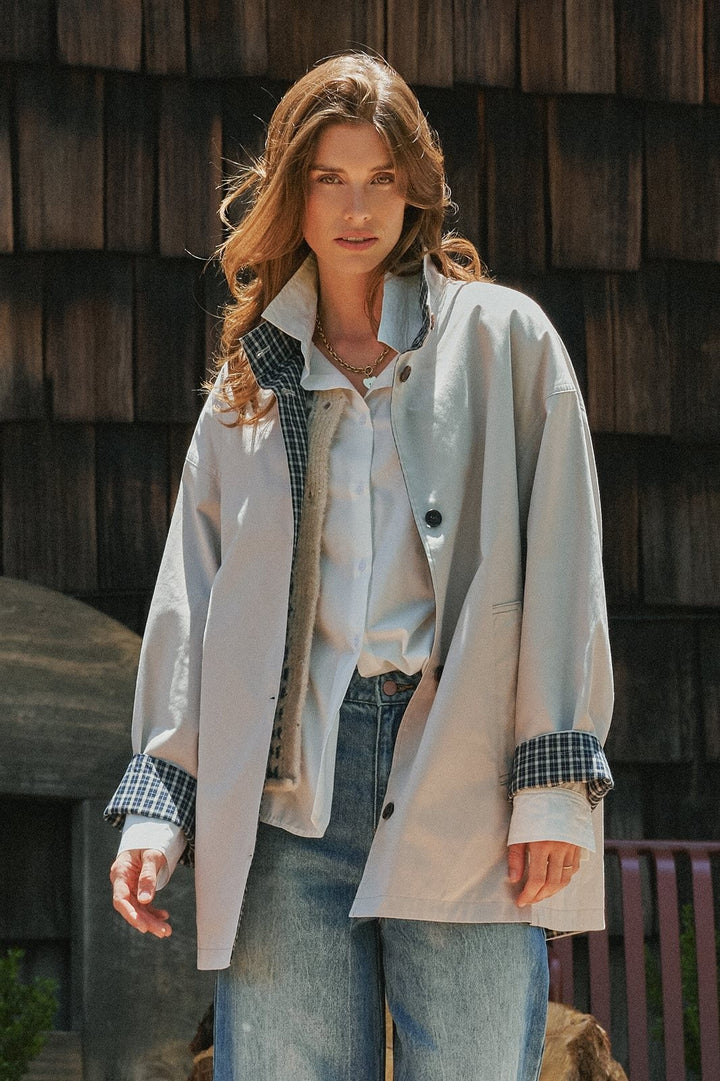 Gingham Lined Oversized Cotton Car Coat in Grey - Women's Wholesale Jackets & Blazers | Trend Notes