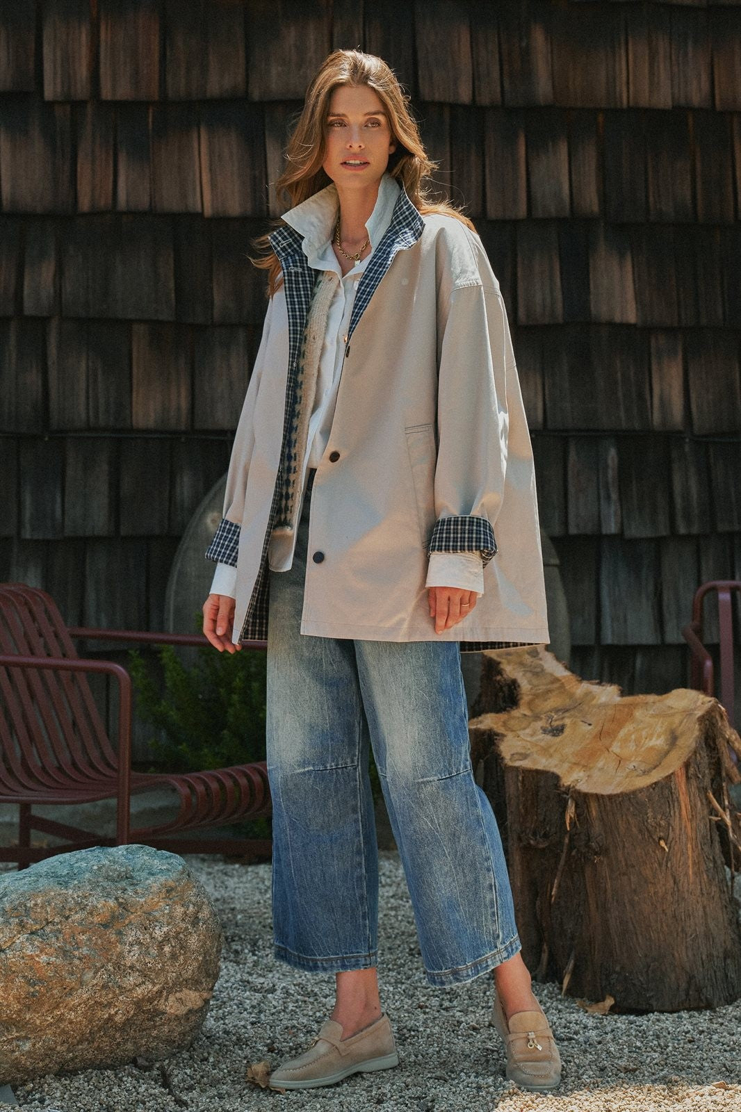 Gingham Lined Oversized Cotton Car Coat in Grey - Women's Wholesale Jackets & Blazers | Trend Notes