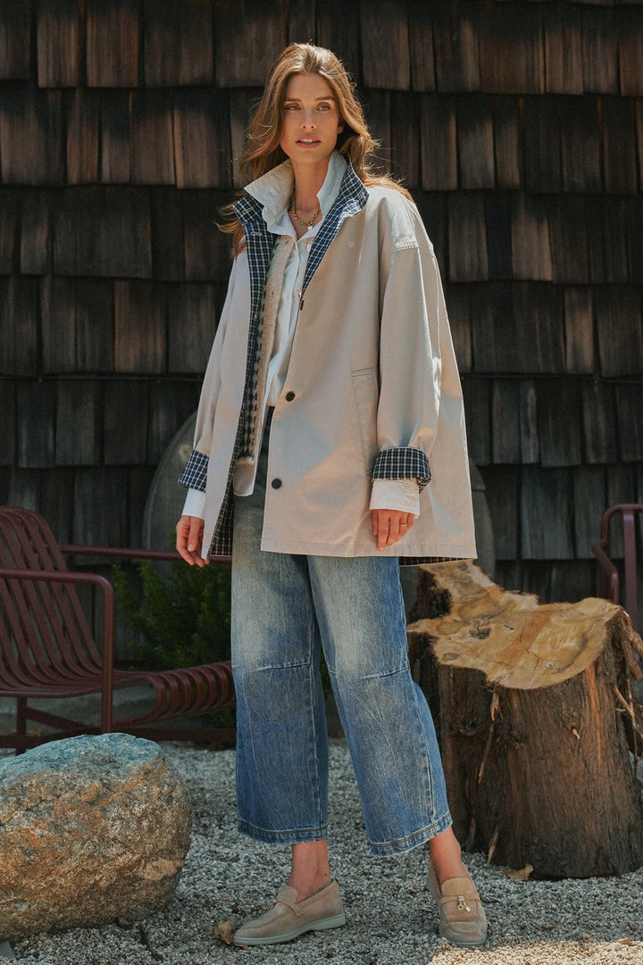 Gingham Lined Oversized Cotton Car Coat in Grey - Women's Wholesale Jackets & Blazers | Trend Notes