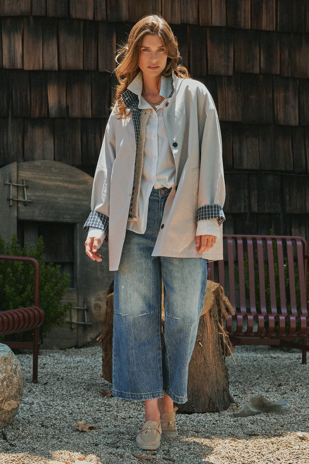 Gingham Lined Oversized Cotton Car Coat in Grey - Women's Wholesale Jackets & Blazers | Trend Notes
