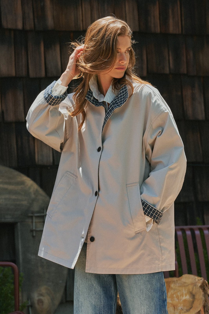 Gingham Lined Oversized Cotton Car Coat in Grey - Women's Wholesale Jackets & Blazers | Trend Notes