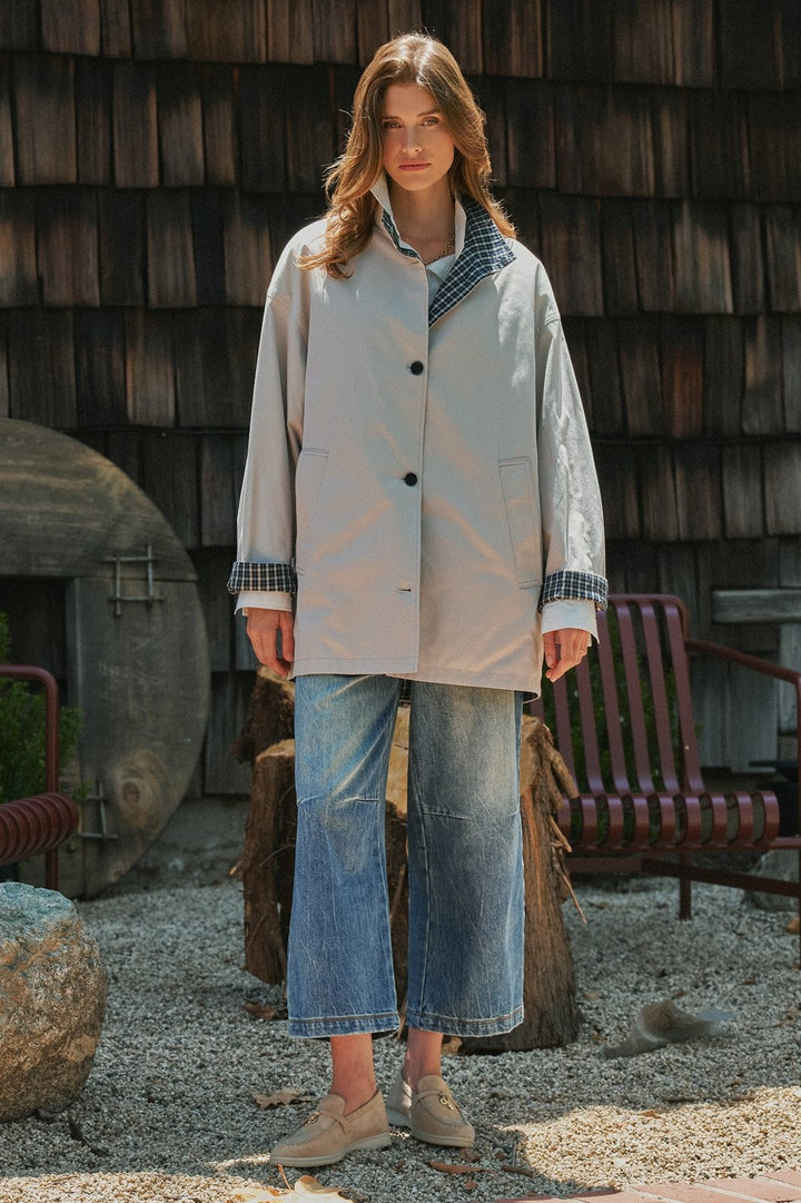 Gingham Lined Oversized Cotton Car Coat in Grey - Women's Wholesale Jackets & Blazers | Trend Notes