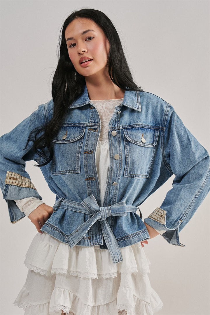 Belted Denim Jacket With Plaid Turn-Back Cuff in Denim - Women's Wholesale Jackets & Blazers | Trend Notes