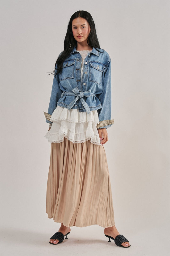Belted Denim Jacket With Plaid Turn-Back Cuff in Denim - Women's Wholesale Jackets & Blazers | Trend Notes