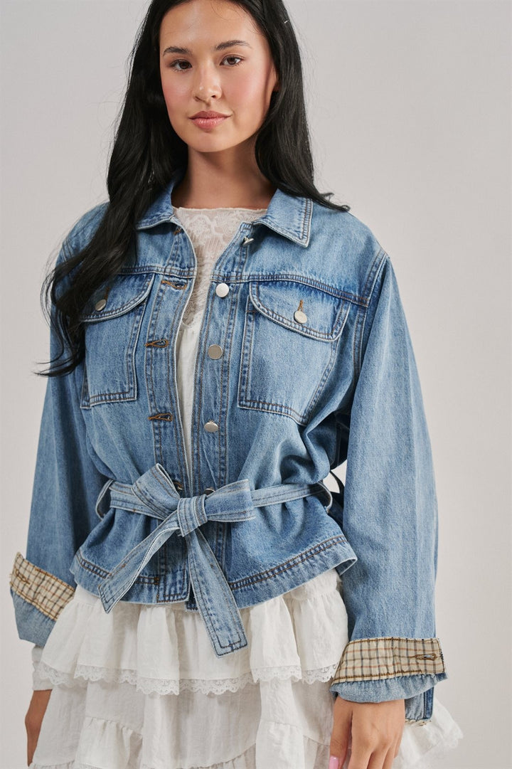 Belted Denim Jacket With Plaid Turn-Back Cuff in Denim - Women's Wholesale Jackets & Blazers | Trend Notes