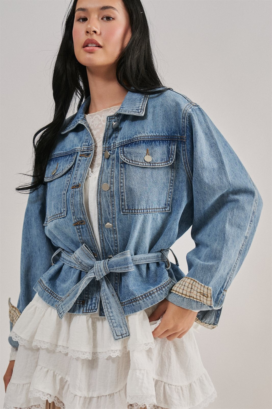Belted Denim Jacket With Plaid Turn-Back Cuff in Denim - Women's Wholesale Jackets & Blazers | Trend Notes