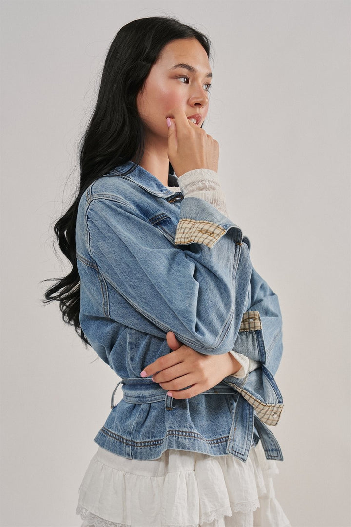 Belted Denim Jacket With Plaid Turn-Back Cuff in Denim - Women's Wholesale Jackets & Blazers | Trend Notes