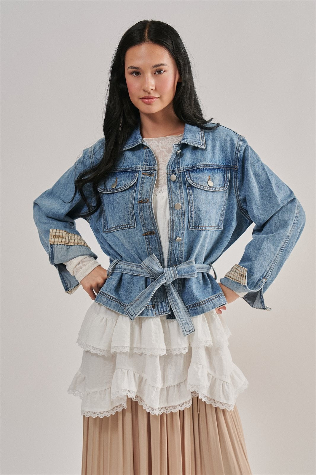 Belted Denim Jacket With Plaid Turn-Back Cuff in Denim - Women's Wholesale Jackets & Blazers | Trend Notes