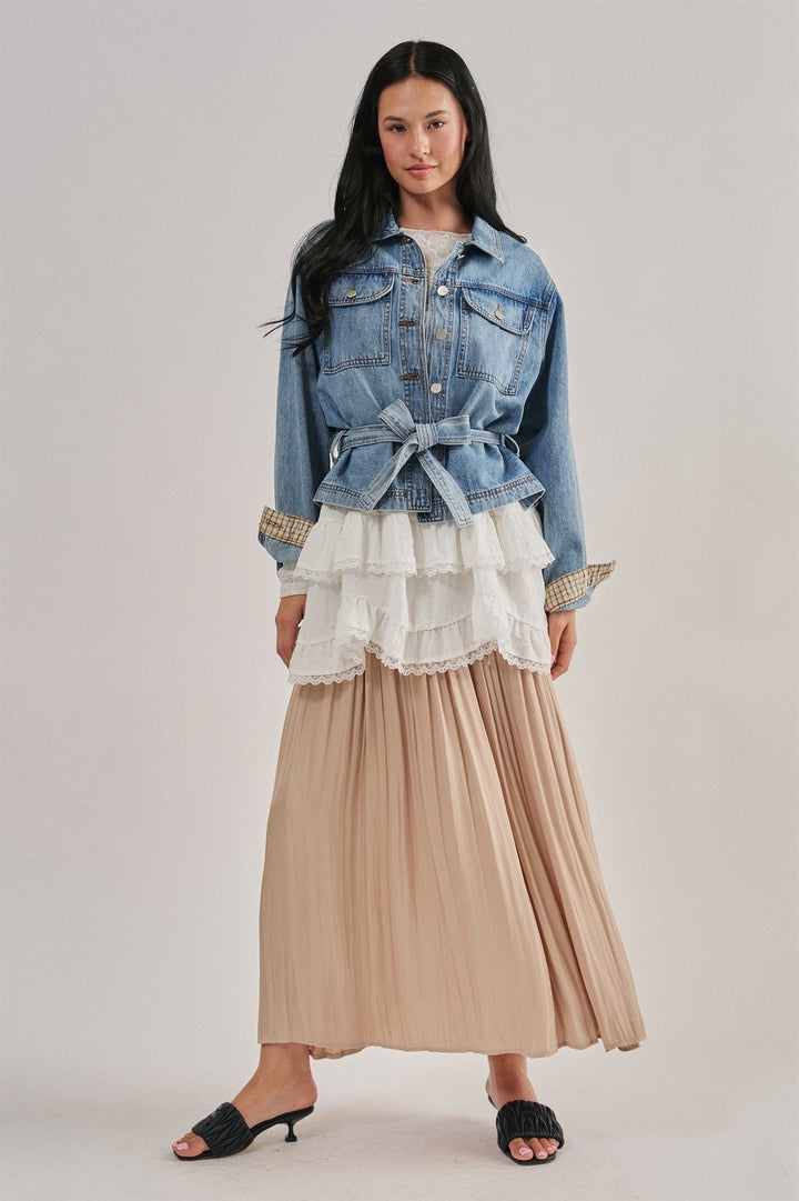 Belted Denim Jacket With Plaid Turn-Back Cuff in Denim - Women's Wholesale Jackets & Blazers | Trend Notes