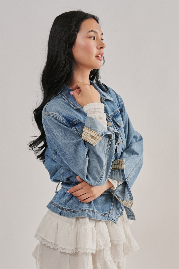 Belted Denim Jacket With Plaid Turn-Back Cuff in Denim - Women's Wholesale Jackets & Blazers | Trend Notes