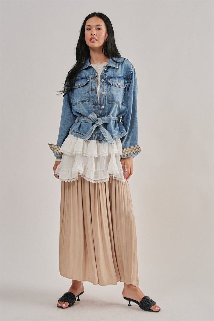 Belted Denim Jacket With Plaid Turn-Back Cuff in Denim - Women's Wholesale Jackets & Blazers | Trend Notes