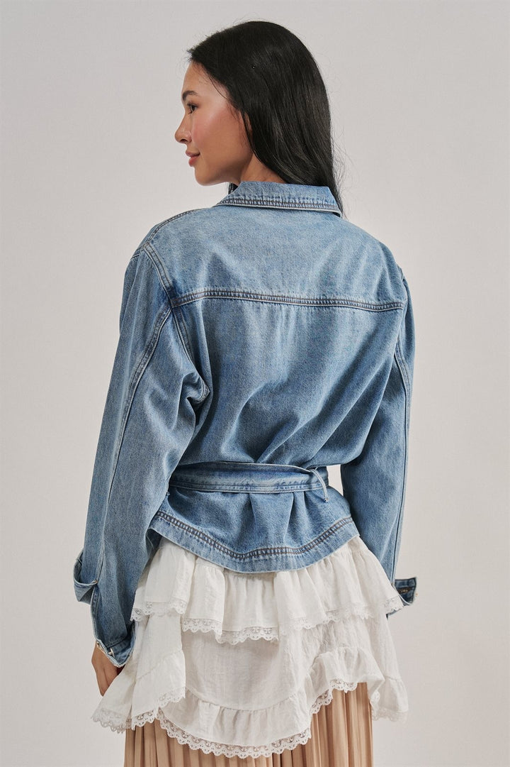 Belted Denim Jacket With Plaid Turn-Back Cuff in Denim - Women's Wholesale Jackets & Blazers | Trend Notes
