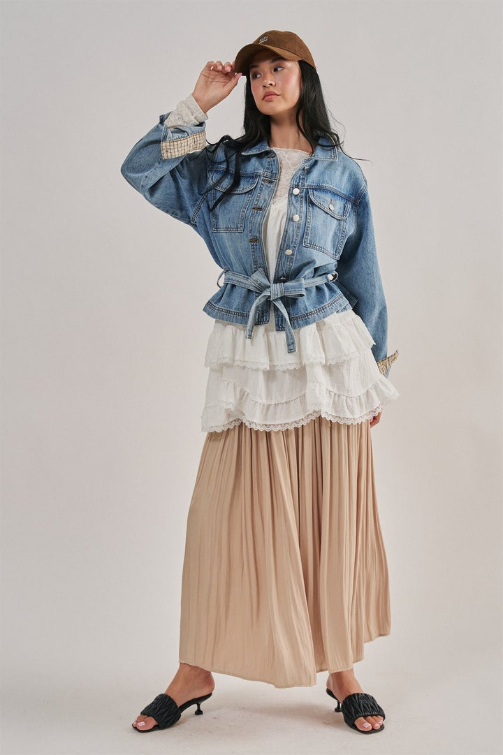 Belted Denim Jacket With Plaid Turn-Back Cuff in Denim - Women's Wholesale Jackets & Blazers | Trend Notes