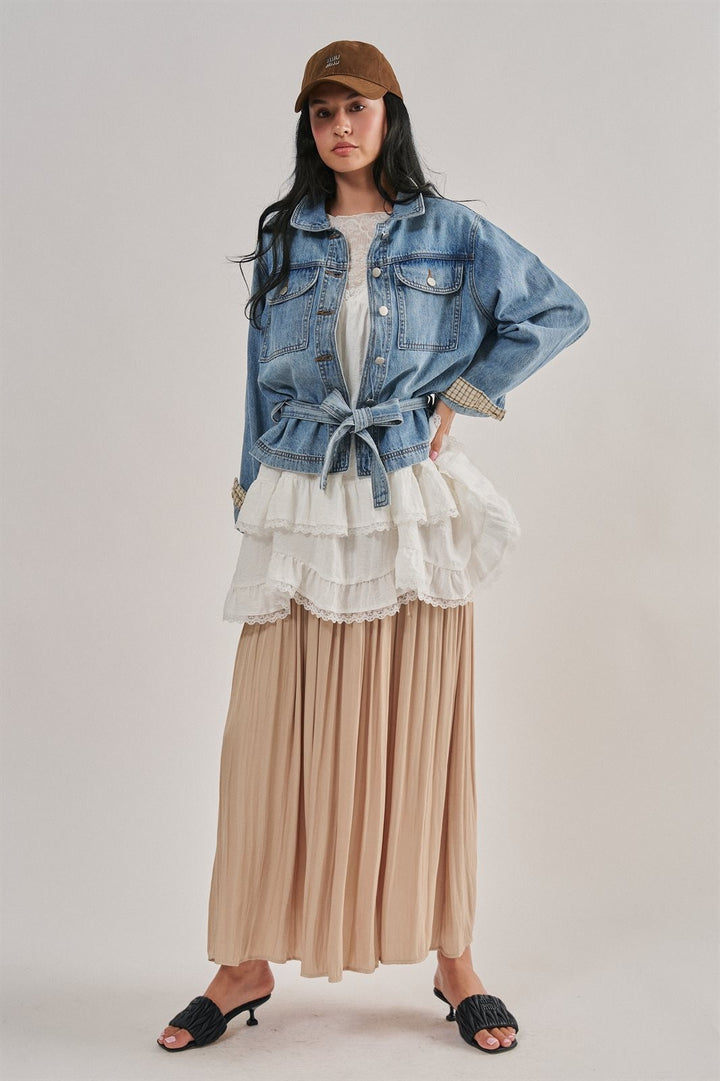 Belted Denim Jacket With Plaid Turn-Back Cuff in Denim - Women's Wholesale Jackets & Blazers | Trend Notes