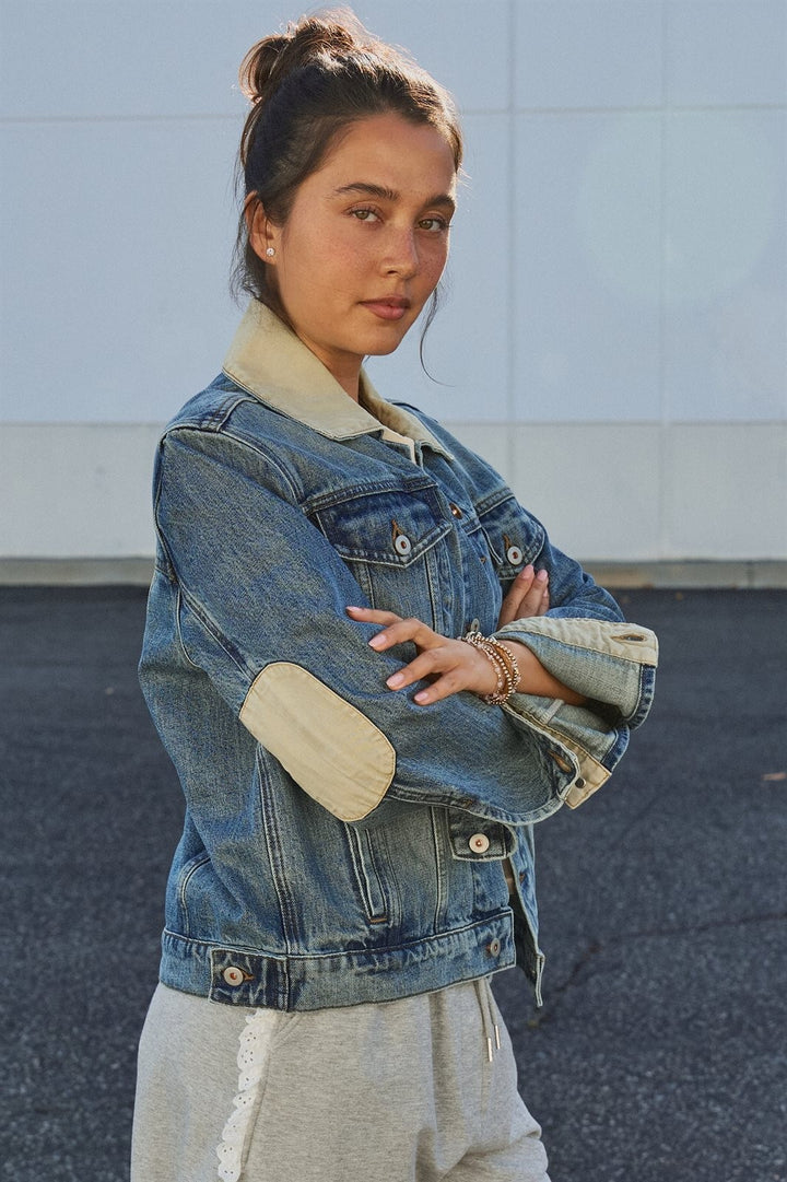 Heritage Vintage Wash Denim Jacket with Elbow Patches in Denim - Women's Wholesale Jackets & Blazers | Trend Notes