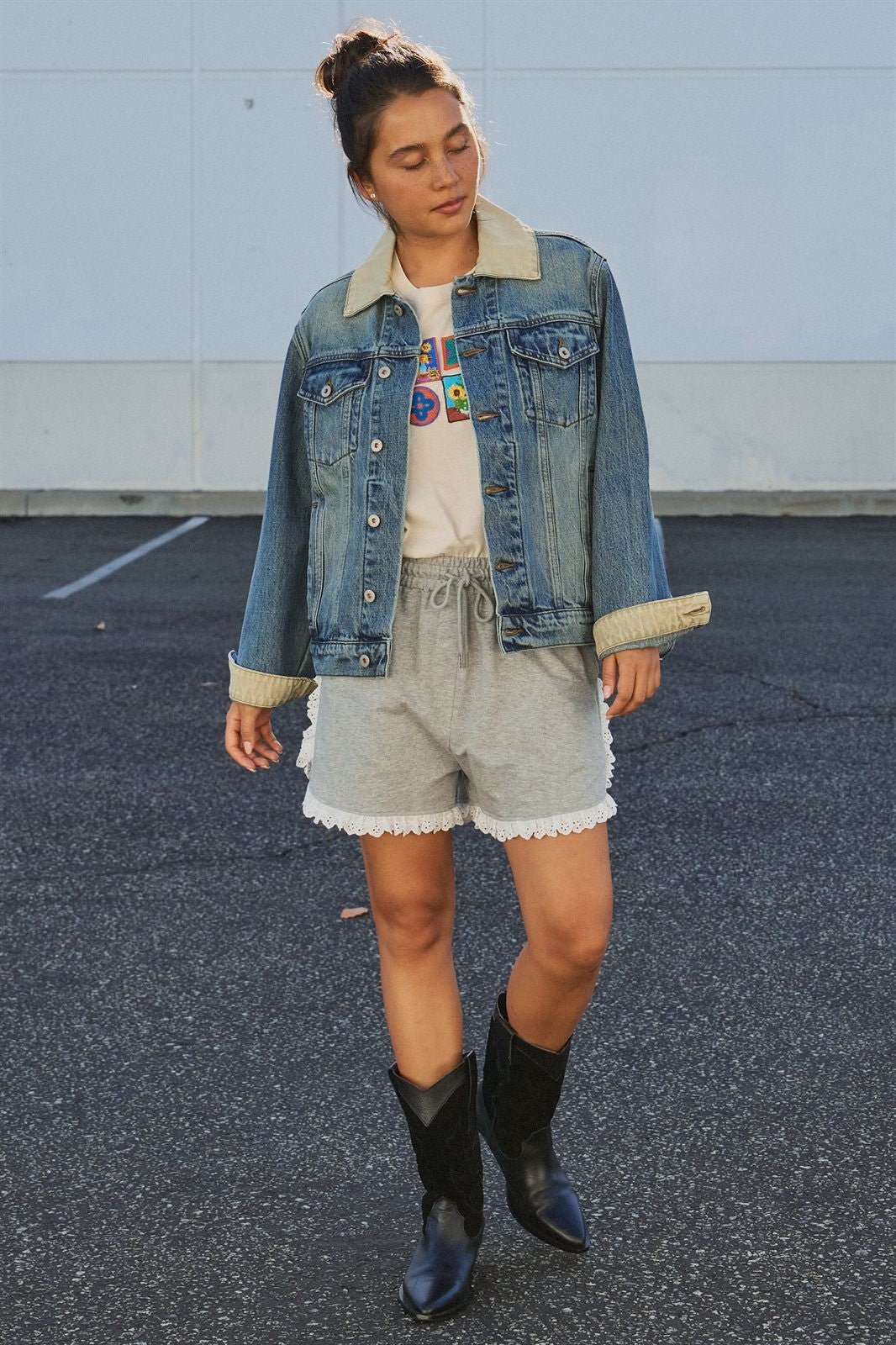 Heritage Vintage Wash Denim Jacket with Elbow Patches in Denim - Women's Wholesale Jackets & Blazers | Trend Notes