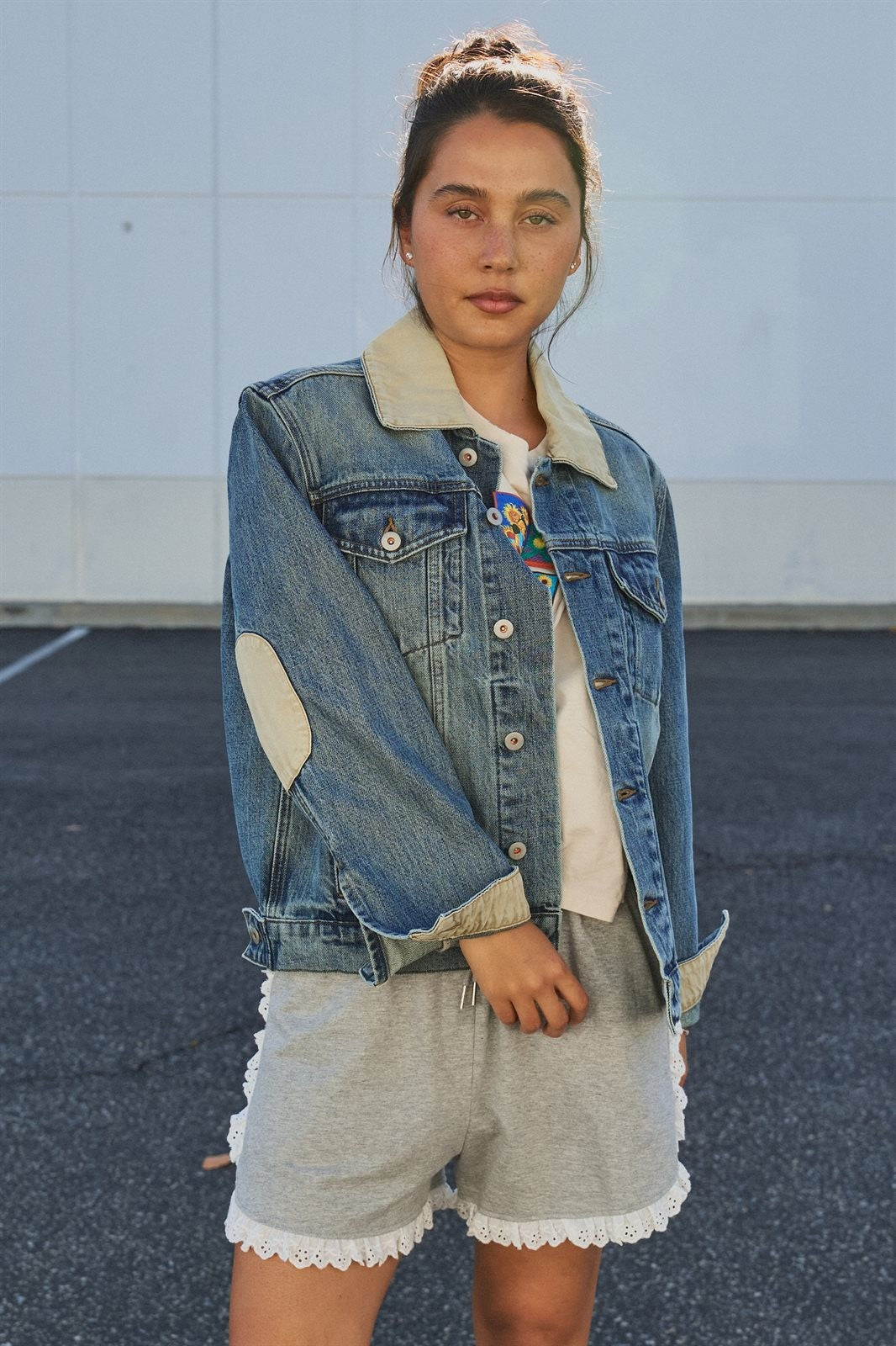 Heritage Vintage Wash Denim Jacket with Elbow Patches in Denim - Women's Wholesale Jackets & Blazers | Trend Notes