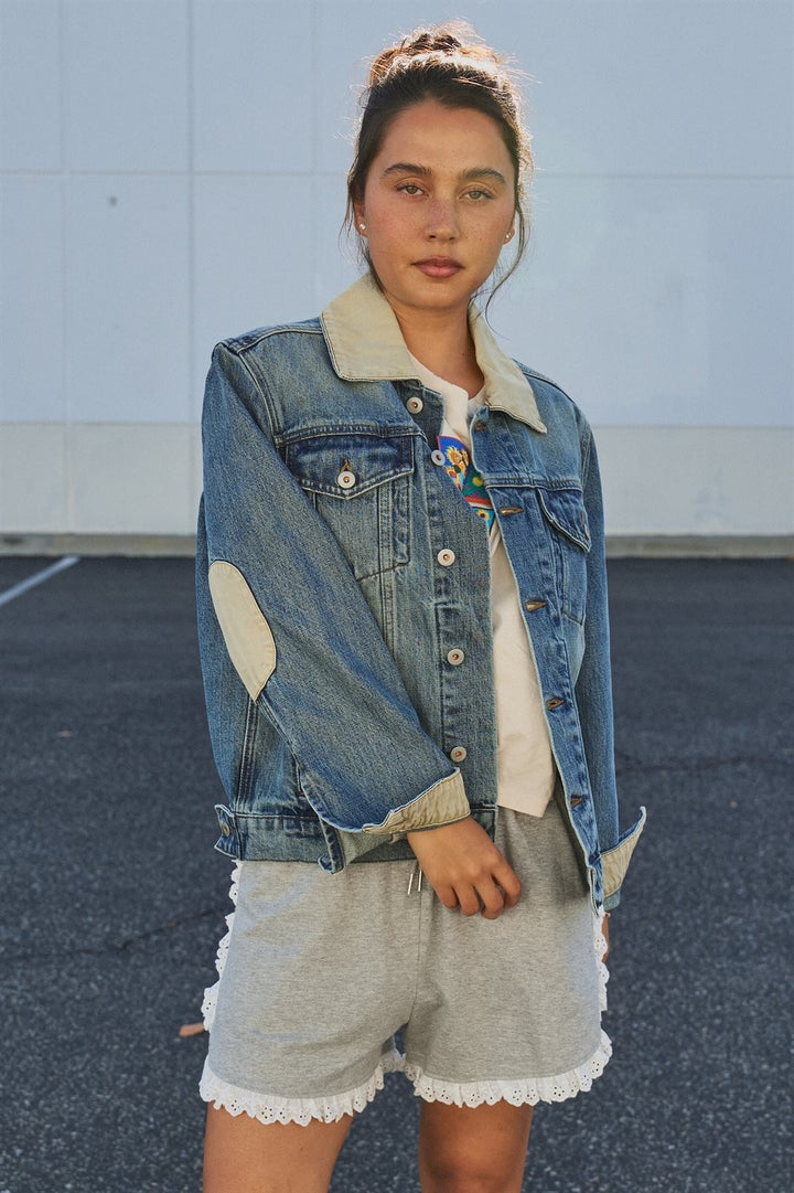 Heritage Vintage Wash Denim Jacket with Elbow Patches in Denim - Women's Wholesale Jackets & Blazers | Trend Notes