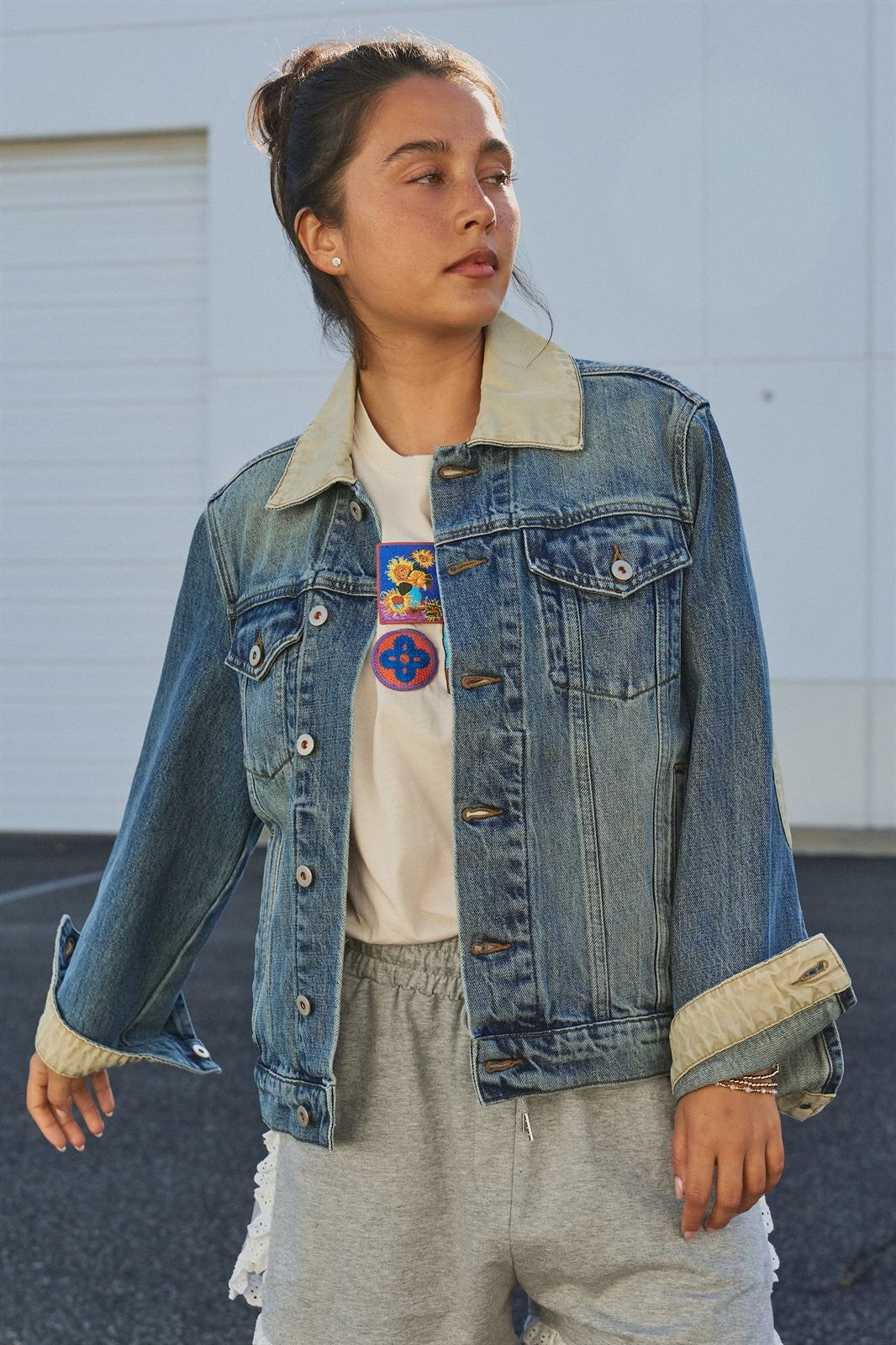 Heritage Vintage Wash Denim Jacket with Elbow Patches in Denim - Women's Wholesale Jackets & Blazers | Trend Notes