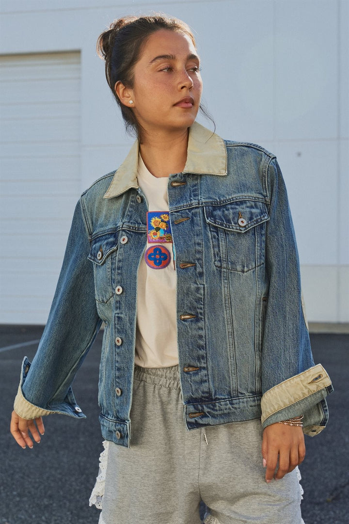 Heritage Vintage Wash Denim Jacket with Elbow Patches in Denim - Women's Wholesale Jackets & Blazers | Trend Notes