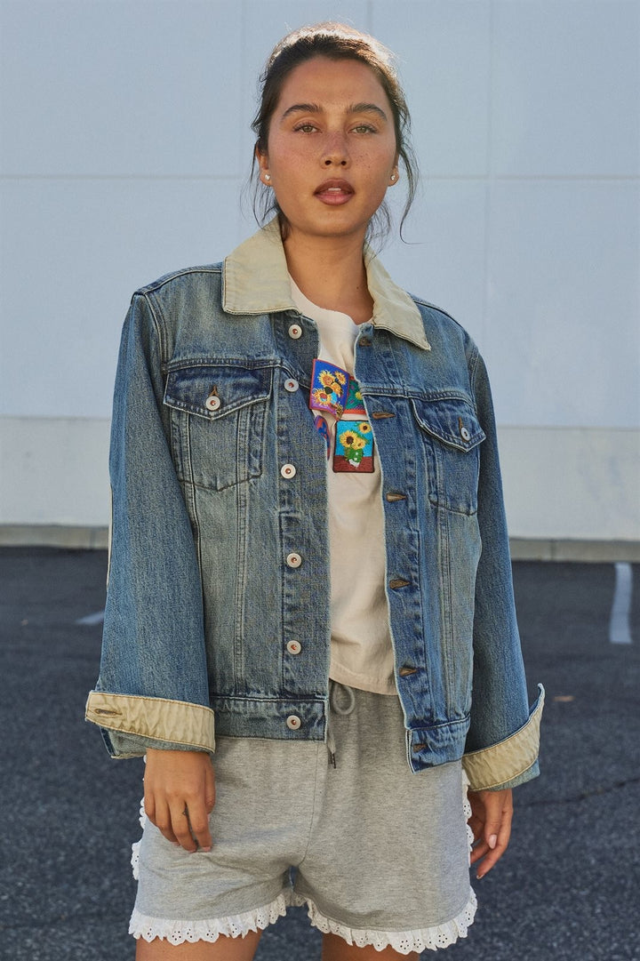 Heritage Vintage Wash Denim Jacket with Elbow Patches in Denim - Women's Wholesale Jackets & Blazers | Trend Notes