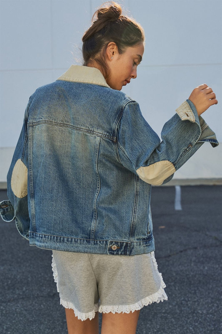 Heritage Vintage Wash Denim Jacket with Elbow Patches in Denim - Women's Wholesale Jackets & Blazers | Trend Notes