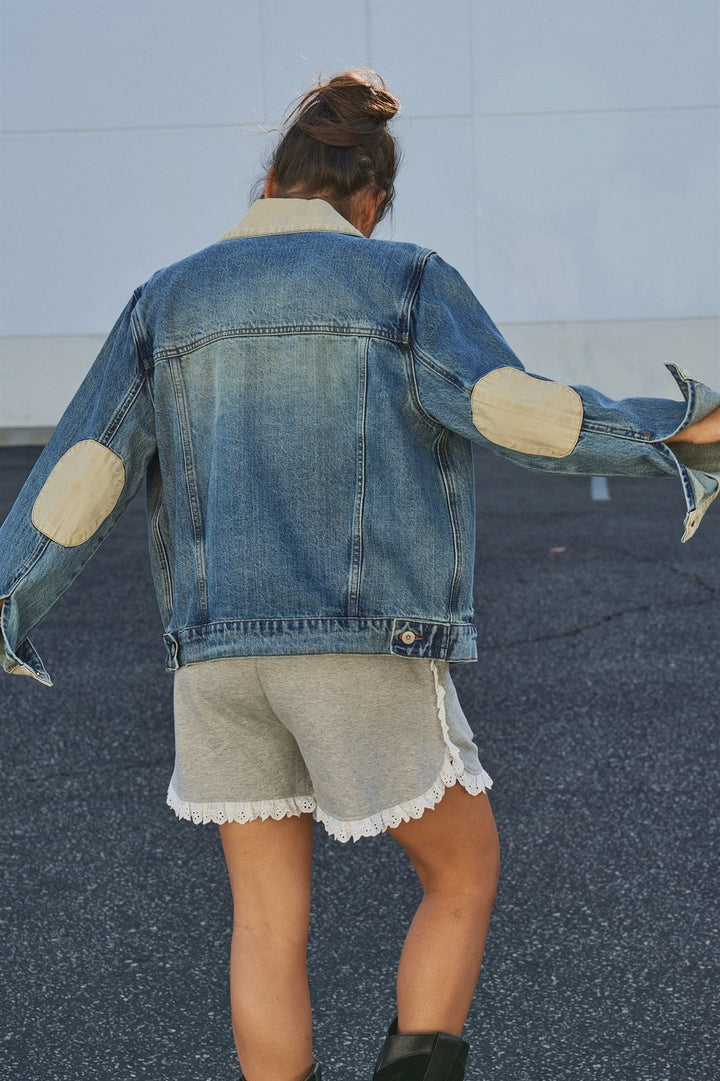 Heritage Vintage Wash Denim Jacket with Elbow Patches in Denim - Women's Wholesale Jackets & Blazers | Trend Notes