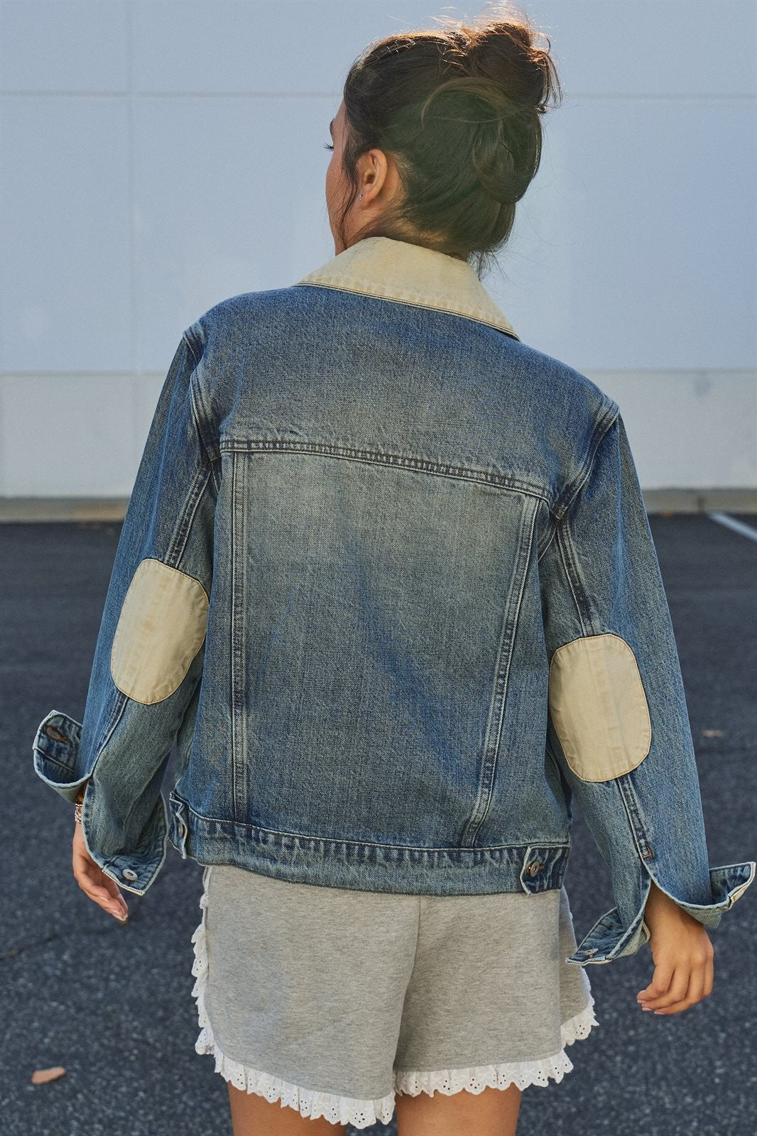 Heritage Vintage Wash Denim Jacket with Elbow Patches in Denim - Women's Wholesale Jackets & Blazers | Trend Notes