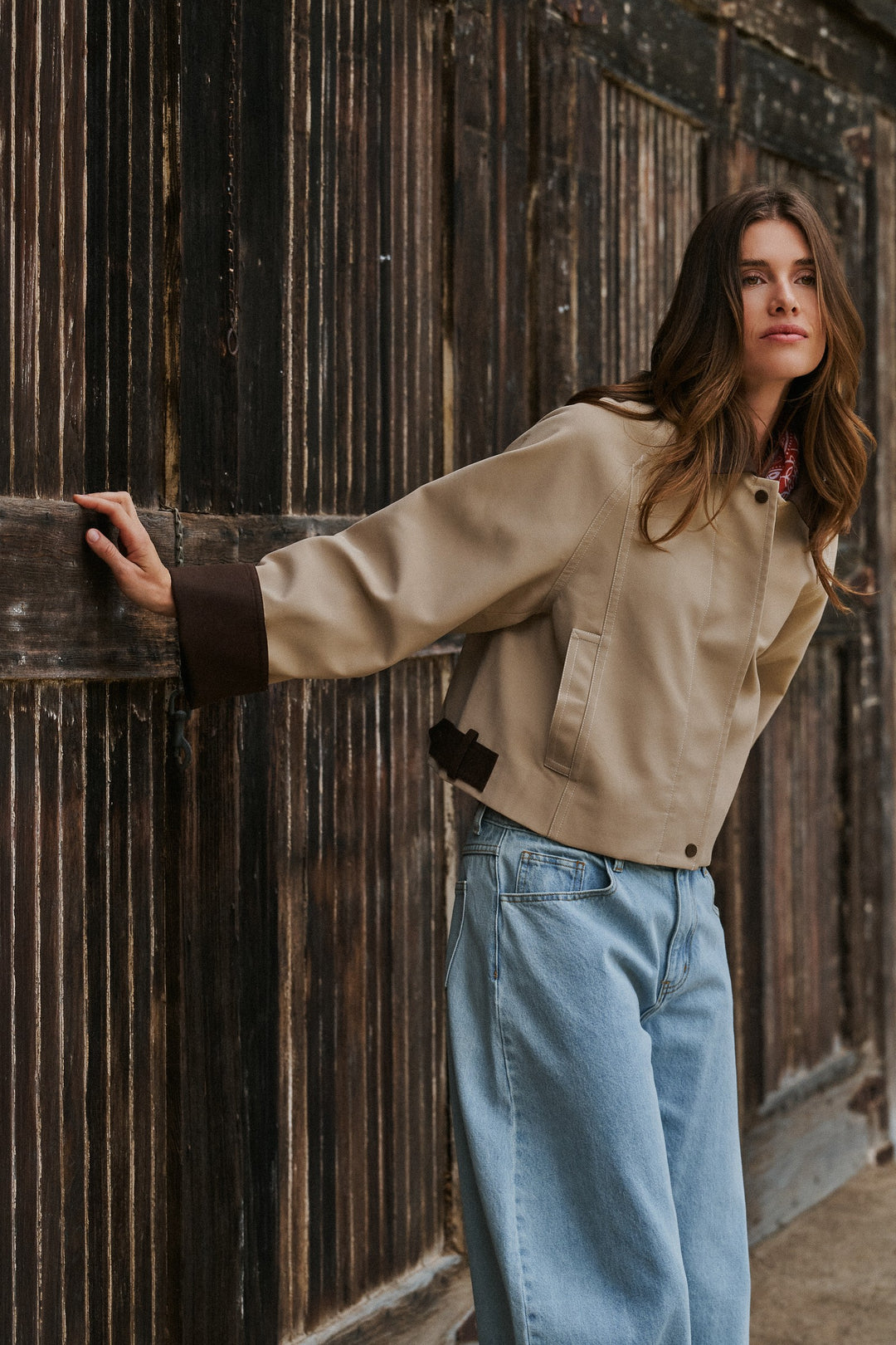 Faux Leather Western Jacket With Corduroy Trim in Khaki - Women's Wholesale Jackets & Blazers | Trend Notes