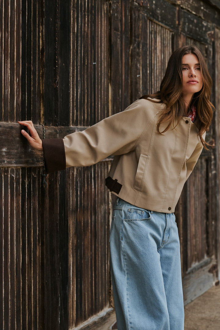 Faux Leather Western Jacket With Corduroy Trim in Khaki - Women's Wholesale Jackets & Blazers | Trend Notes