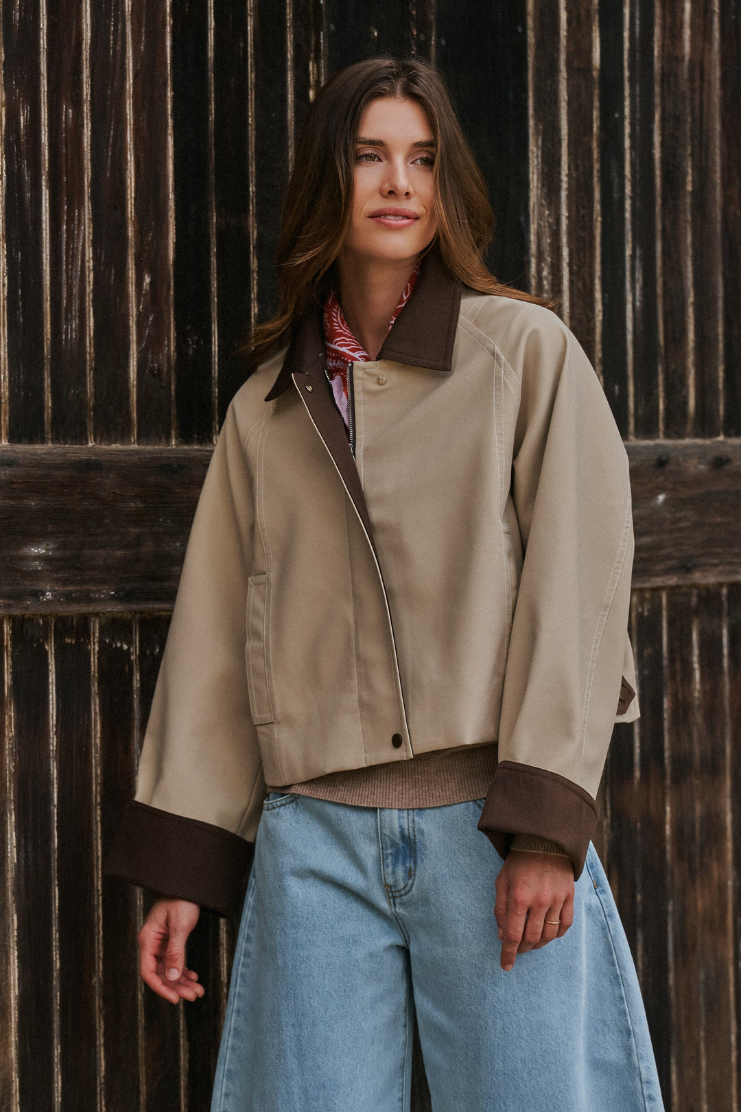 Faux Leather Western Jacket With Corduroy Trim in Khaki - Women's Wholesale Jackets & Blazers | Trend Notes