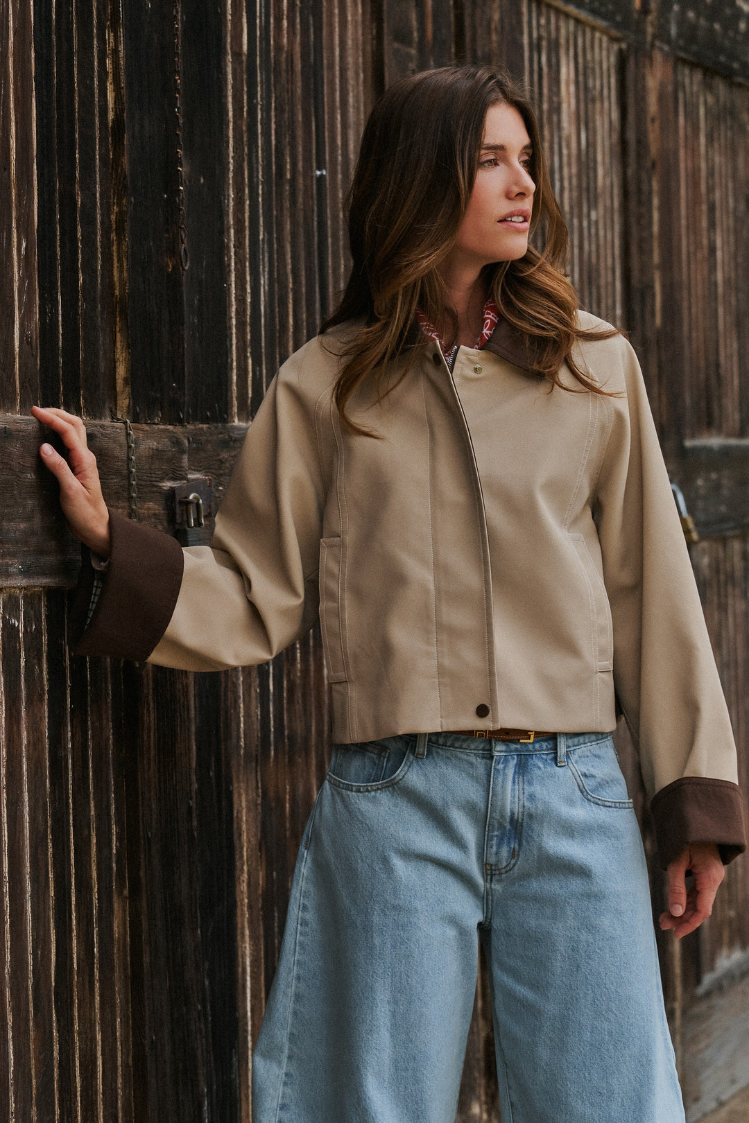 Faux Leather Western Jacket With Corduroy Trim in Khaki - Women's Wholesale Jackets & Blazers | Trend Notes