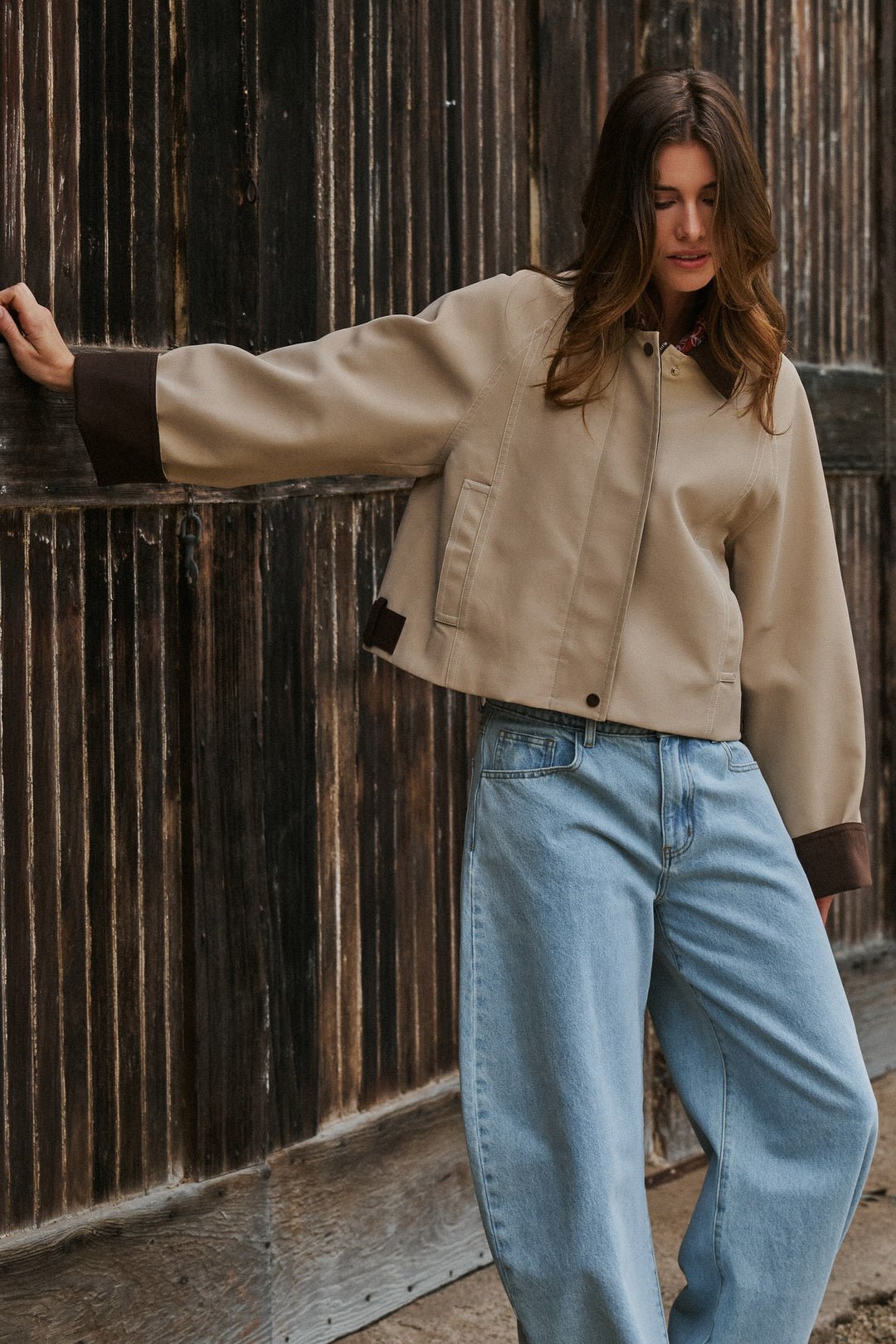 Faux Leather Western Jacket With Corduroy Trim in Khaki - Women's Wholesale Jackets & Blazers | Trend Notes
