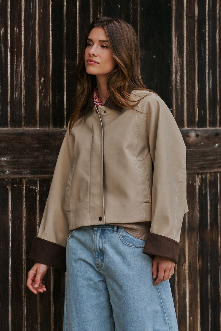 Faux Leather Western Jacket With Corduroy Trim in Khaki - Women's Wholesale Jackets & Blazers | Trend Notes