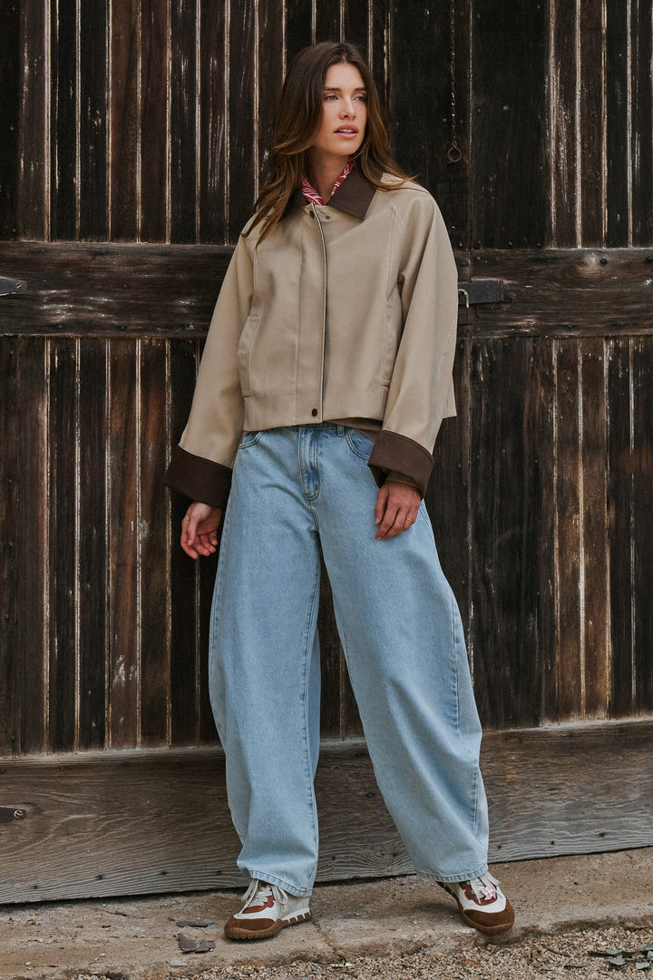 Faux Leather Western Jacket With Corduroy Trim in Khaki - Women's Wholesale Jackets & Blazers | Trend Notes