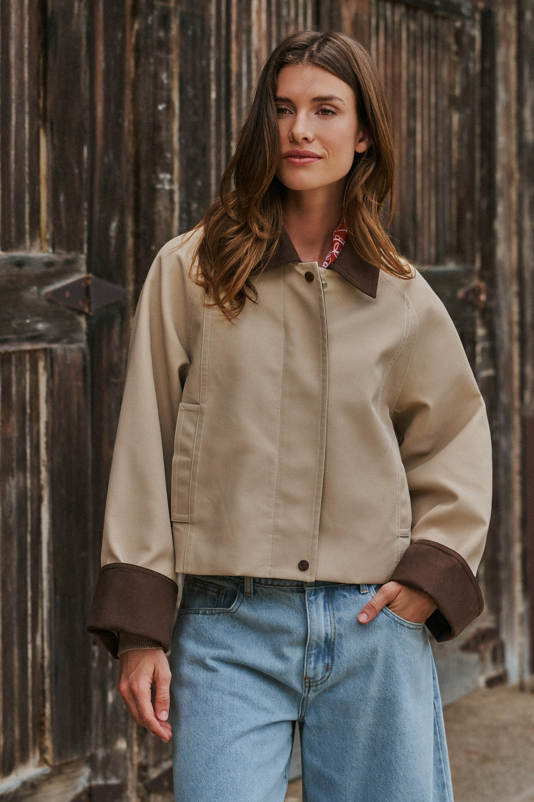 Faux Leather Western Jacket With Corduroy Trim in Khaki - Women's Wholesale Jackets & Blazers | Trend Notes